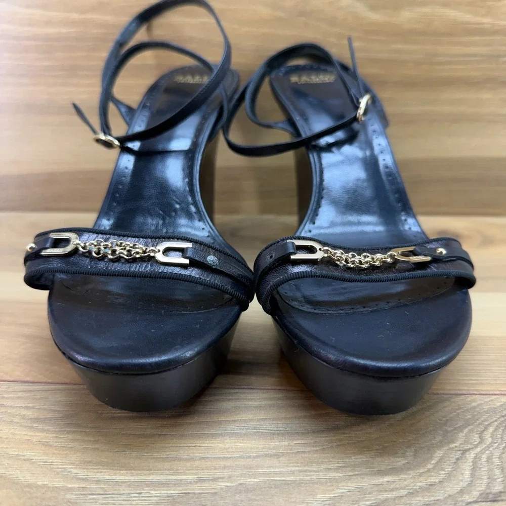 Bally Mapple Wedge Heel 9.5 EU 39.5 Black Leather Ankle Strap Platform Chunky